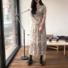 Floral Print Long-sleeve Midi A-line Crinkle Dress Dark Blue - One Size