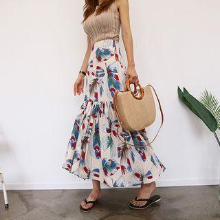 Ruffle-hem Foliage A-line Maxi Skirt