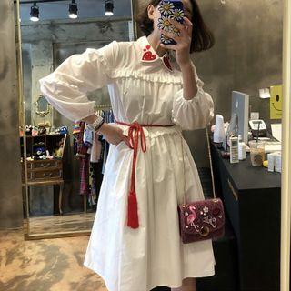 Long-sleeve Embroidered Midi A-line Dress White - One Size