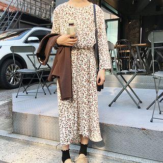 Floral Long-sleeve Midi A-line Dress