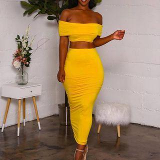 Set: Short-sleeve Off-shoulder Crop Top + Midi Skirt