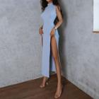 Sleeveless Mock-neck Plain Side-slit Knit Dress
