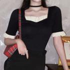 Lace Trim Short-sleeve Mini Sheath Dress Top - Black - One Size