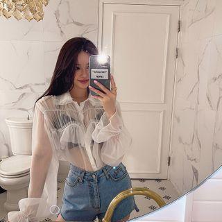 Frilled-trim Bell-cuff See-through Blouse
