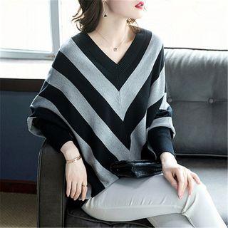 V-neck Striped Sweater Black & Gray - One Size