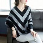 V-neck Striped Sweater Black & Gray - One Size