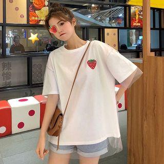 Elbow-sleeve Mesh Overlay Strawberry Print T-shirt