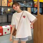 Elbow-sleeve Mesh Overlay Strawberry Print T-shirt