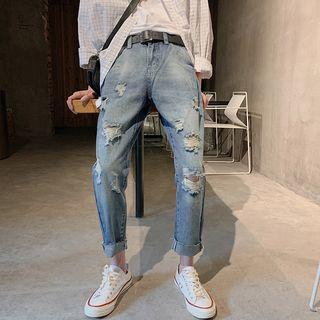 Straight Fit Frayed Hem Ripped Jeans