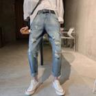 Straight Fit Frayed Hem Ripped Jeans