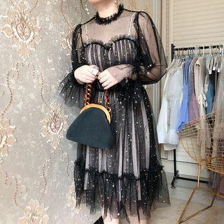 Sequined Mesh Panel Midi A-line Dress