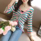Striped Drawstring Flared-sleeve Knit Top