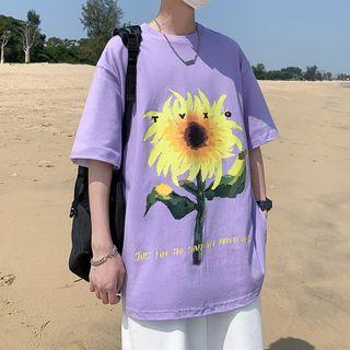 Elbow-sleeve Sunflower Print T-shirt