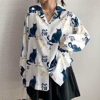 Loose Cat Print Long-sleeve Shirt White - One Size