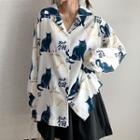 Loose Cat Print Long-sleeve Shirt White - One Size