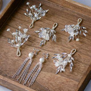 Set: Bridal Headpiece + Fringed Drop Earring White - One Size