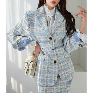 Belted Plaid Office Look Blazer