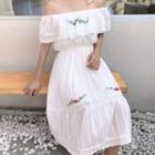 Embroidered Off-shoulder Short-sleeve A-line Dress White - One Size