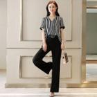 Set: V-neck Striped Short-sleeve Top + High Waist Wide-leg Pants