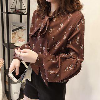 Bow Accent Printed Lantern-sleeve Blouse