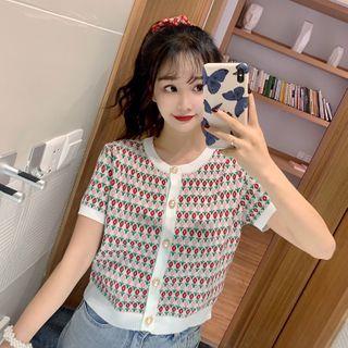 Floral Embroidered Contrast Trim Short-sleeve Knit Cardigan As Shown In Figure - One Size
