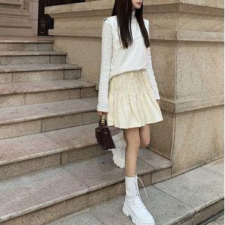 Faux Leather Vest / Mock-neck Top / Plain Skirt
