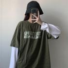 Panel Long-sleeve Lettering T-shirt Army Green - One Size
