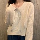 Cable Knit Ripped V-neck Long-sleeve Sweater