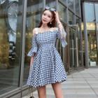 Spaghetti-strap Bell-sleeve Gingham Dress