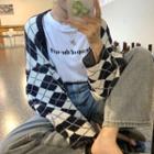 Plaid Long-sleeve Cropped Knit Shawl Black & White - One Size