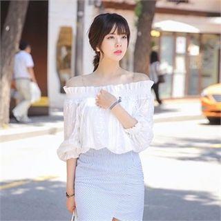 Off-shoulder Frill-trim Smocked Sheer Top