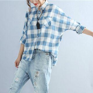 Long-sleeve Plaid Shirt Light Blue - One Size