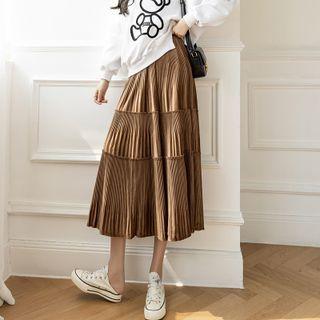 Accordion Pleated Tiered Midi A-line Skirt