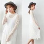 Stand Collar Frilled Trim Lace Dress White - One Size