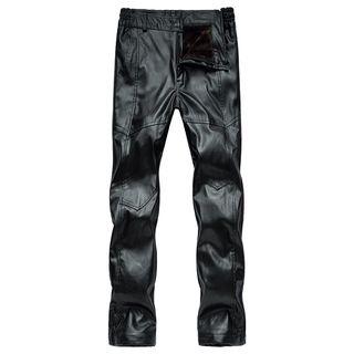 Faux Leather Fleece-lined Straight-fit Pants