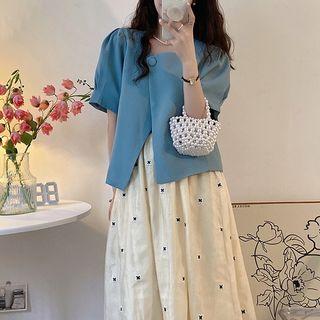 Short-sleeve Single-button Blouse / Floral Midi A-line Skirt