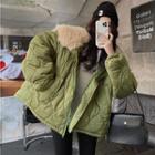 Furry-collar Quilted Coat Green - One Size