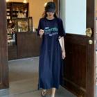 Elbow-sleeve Letter Print T-shirt Dress Blue - One Size