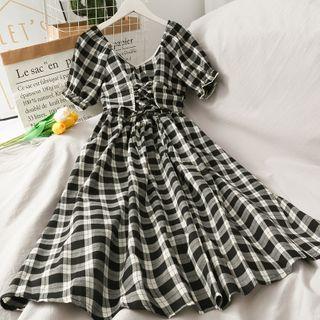 Lace Up-back Plaid A-line Dress