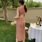 Cap-sleeve Flower Print Open Back Midi Sheath Dress