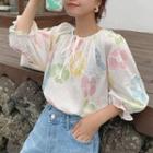 Flower Embroidered Puff-sleeve Sheer Blouse As Shown In Figure - One Size