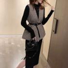 Mock-turtleneck Long-sleeve T-shirt / Belted Houndstooth Vest / Midi Knit Skirt / Set