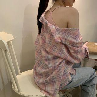 Lettering Cropped Camisole Top / Plaid Long-sleeve Shirt