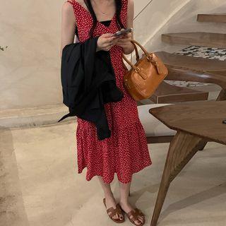 Sleeveless Floral Print Midi A-line Dress White Dot - Red - One Size