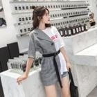 Mock Two-piece Elbow-sleeve Plaid Panel Playsuit