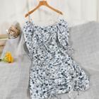 Short-sleeve Cold Shoulder Floral Print Drawstring Bodycon Dress