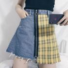 Plaid Panel A-line Mini Denim Skirt