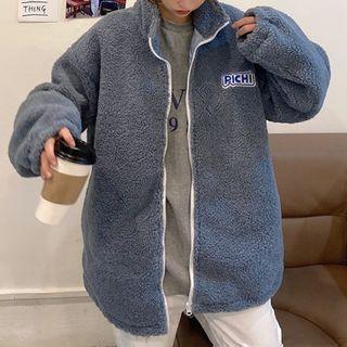 Letter Applique Zip-up Fleece Jacket