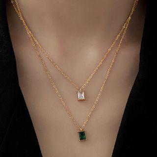 Square Rhinestone Pendant Stainless Steel Necklace