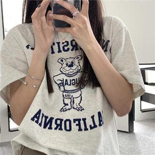 Cartoon Bear Print T-shirt Gray - One Size